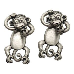 Spoontiques Pewter Monkey With Banana Front And Back Of Earlobe Post Earrings